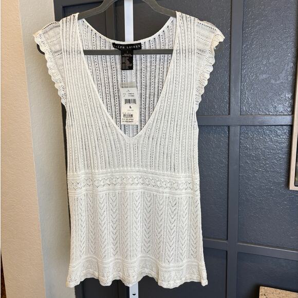 Ralph Lauren Black Label Womens Linen Ivory Lace Crochet Knit Vintage Top LG NWT - Picture 1 of 7